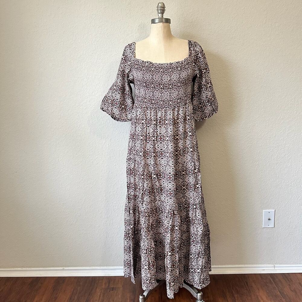 NOONDAY COLLECTION Bagru Maxi Dress Brown Smocked Tiered Boho NWT